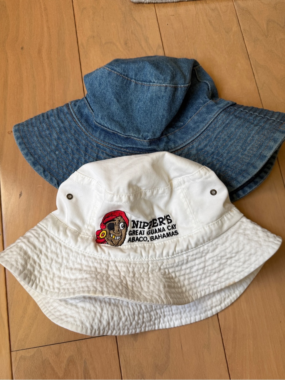 Nippers, Great Guana Cay bucket hat, plus denim bucket hat